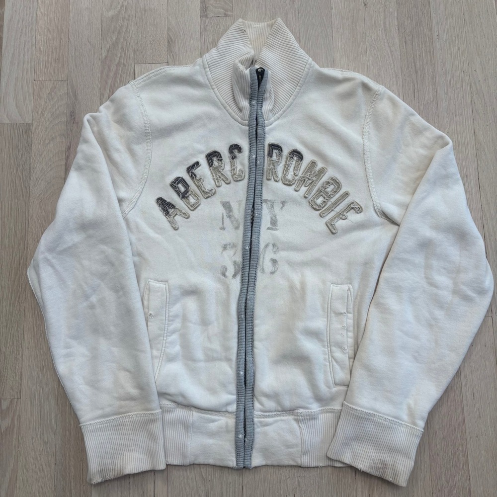 Abercrombie & Fitch Zip Sweatshirt Mens Small White Fair Distressed Y2K Logo